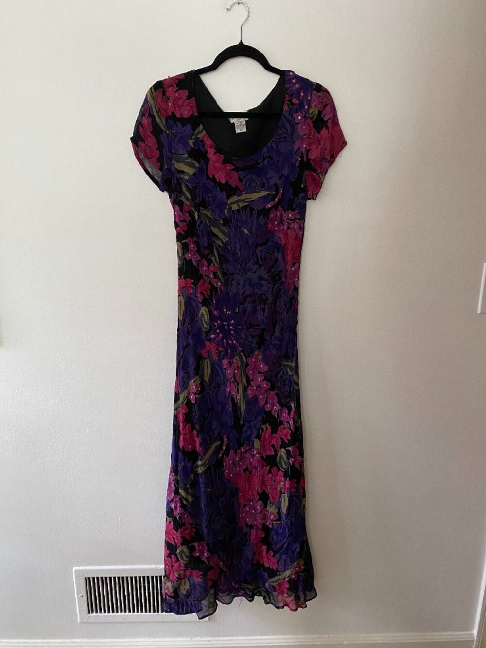 Vintage y2k Dark Floral Purple Beaded Bias Cut Maxi Dress Whimsygoth Fairy Large